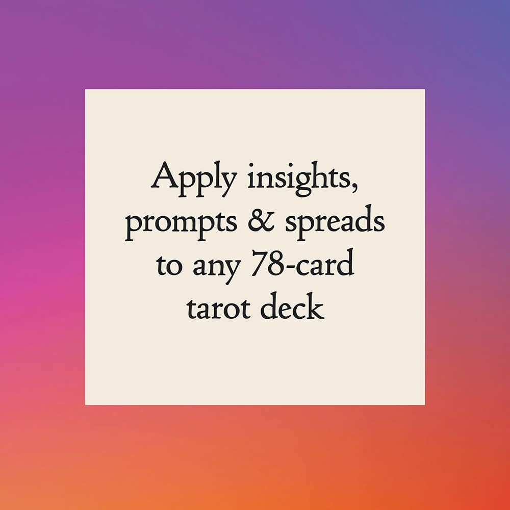 Text overlay on a gradient background with 'Apply insights, prompts & spreads to any 78-card tarot deck' message.