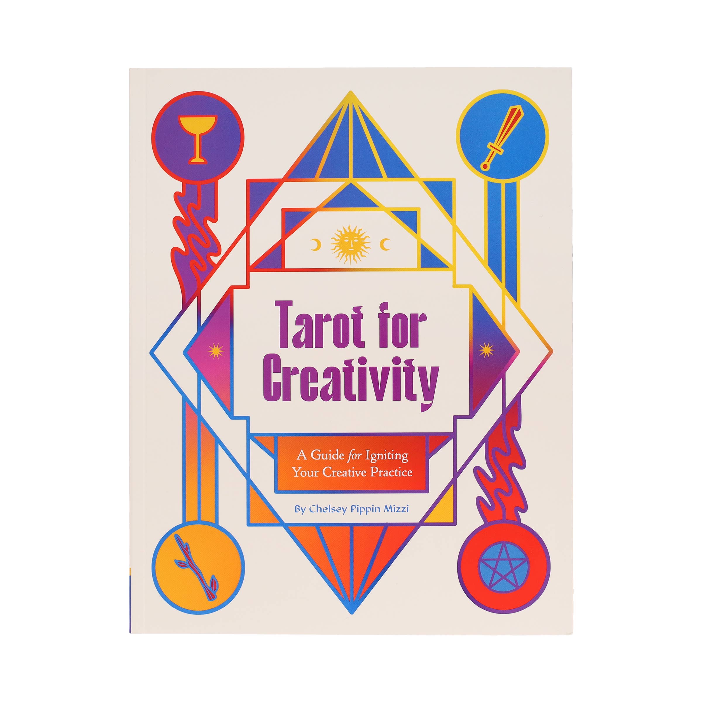 Book cover of 'Tarot for Creativity' with geometric design and colorful symbols on a beige background.