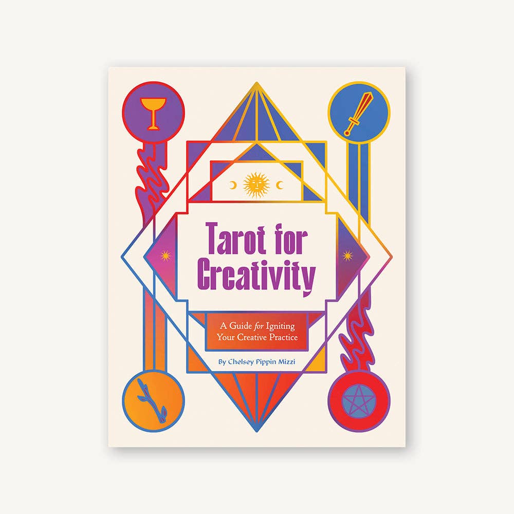 Book cover of 'Tarot for Creativity' with geometric design and colorful symbols on a beige background