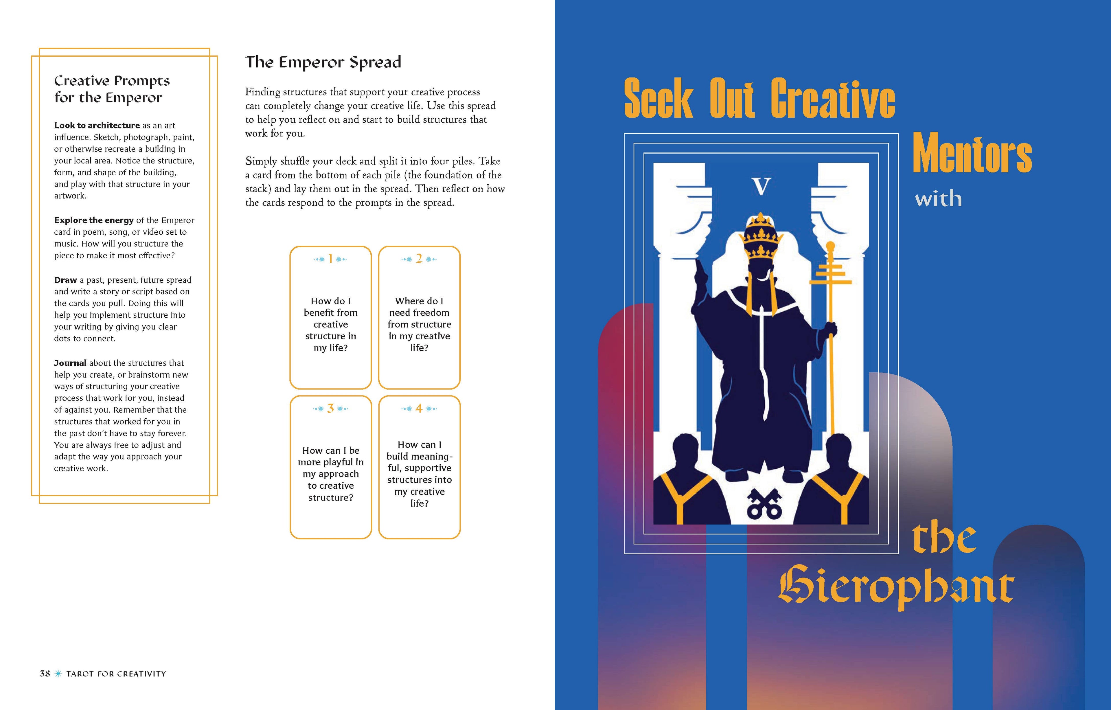 Card with a blue border featuring a figure in a robe and crown, with text 'Seek Out Creative Mentors with the Hierophant' on a white background.