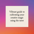 Text on a beige square against a gradient purple to orange background