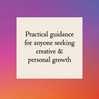 Text on a beige square with a gradient purple to orange background