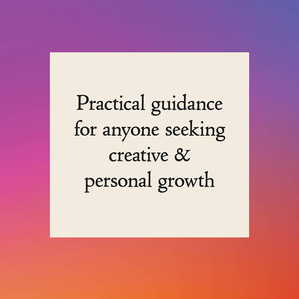 Text on a beige square with a gradient purple to orange background