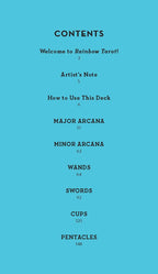 Table of contents for a tarot deck on a blue background