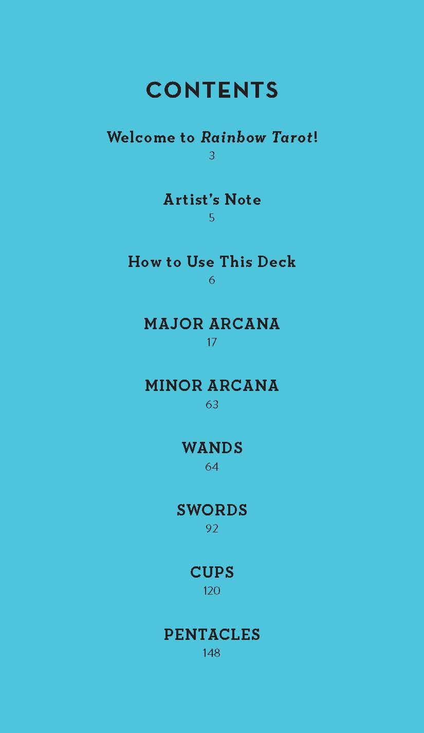 Table of contents for a tarot deck on a blue background