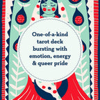 Cover of a tarot deck with colorful illustrations and text about emotion, energy, and queer pride.