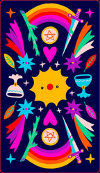 Colorful abstract design with symbols and elements on a dark background