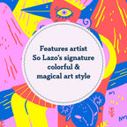 Colorful abstract design with text about artist So Lazo's signature style