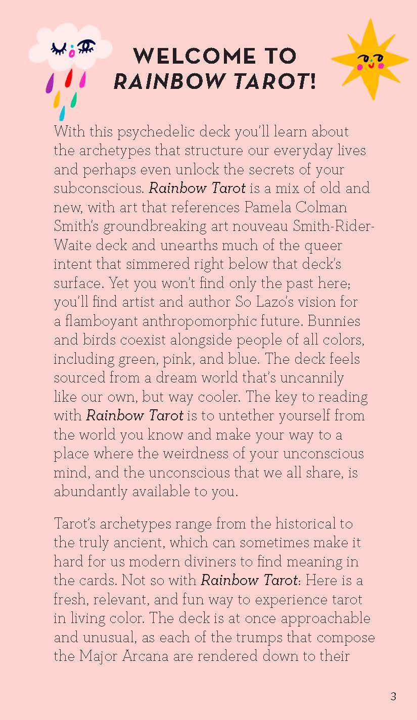 Booklet or manual introduction to Rainbow Tarot with text and colorful graphics on a pink background.
