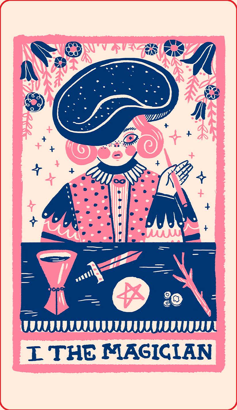Card featuring a stylized illustration of a person labeled 'The Magician' with a pink and blue color scheme.