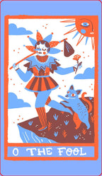 Tarot card featuring 'The Fool' with a character and fox on a blue background