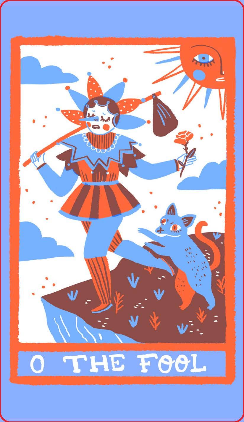 Tarot card featuring 'The Fool' with a character and fox on a blue background