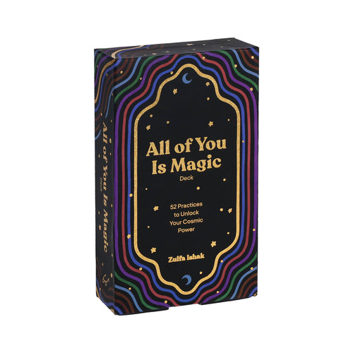 Card deck packaging with colorful design and text on a white background
