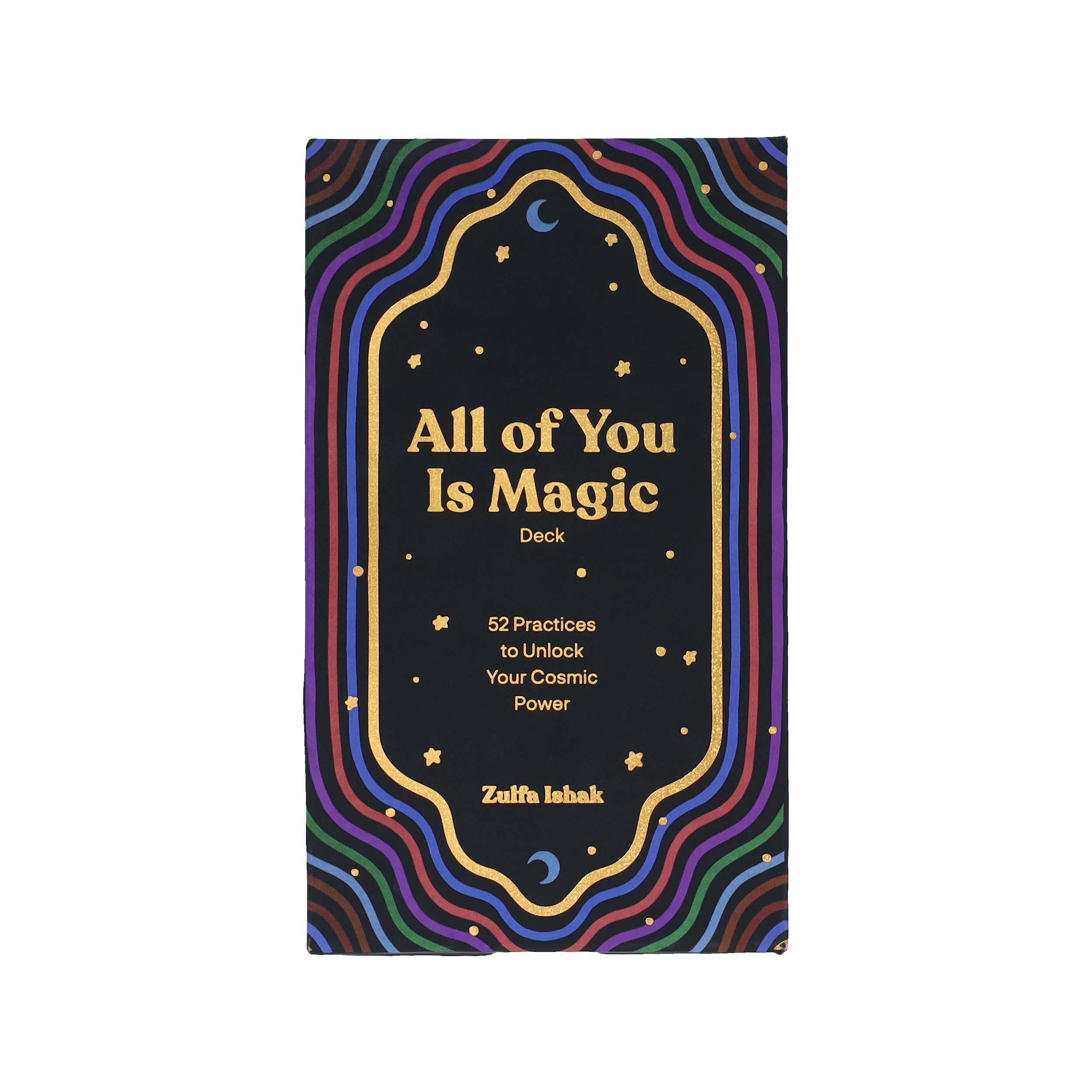 Card deck packaging with colorful border and text on a white background