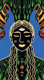 Illustration of a woman with long hair and floral patterns on a blue and black background