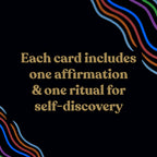 Text on a black background with colorful wavy lines, promoting self-discovery cards.