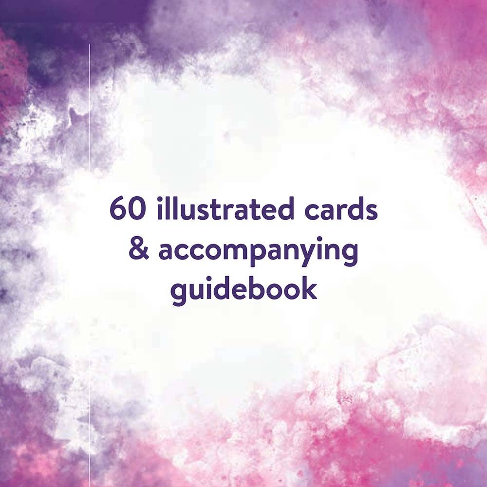 Text overlay on a colorful abstract background with '60 illustrated cards & accompanying guidebook' text.