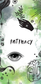 Artistic design with hands, eyes, and plants on a green and white background with the word 'Intimacy'.