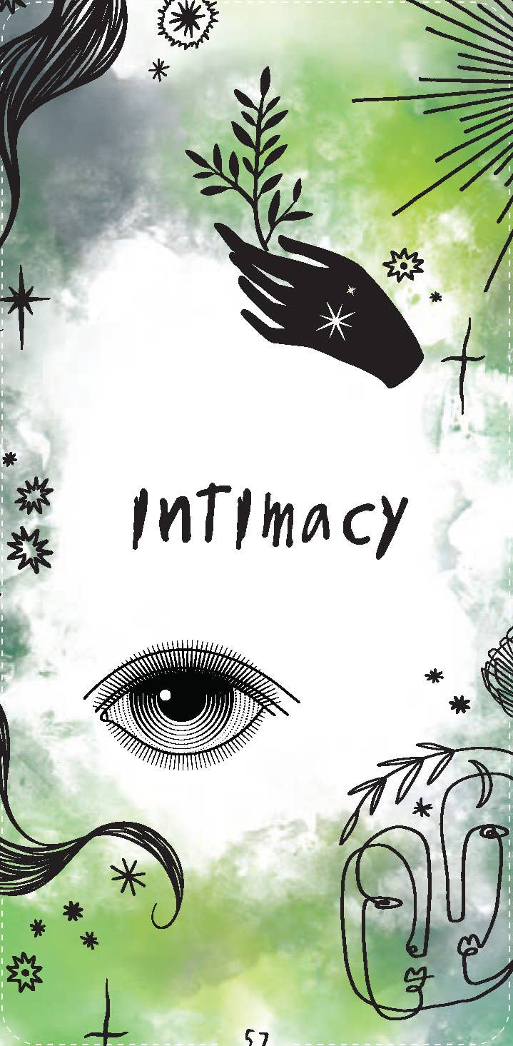 Artistic design with hands, eyes, and plants on a green and white background with the word 'Intimacy'.