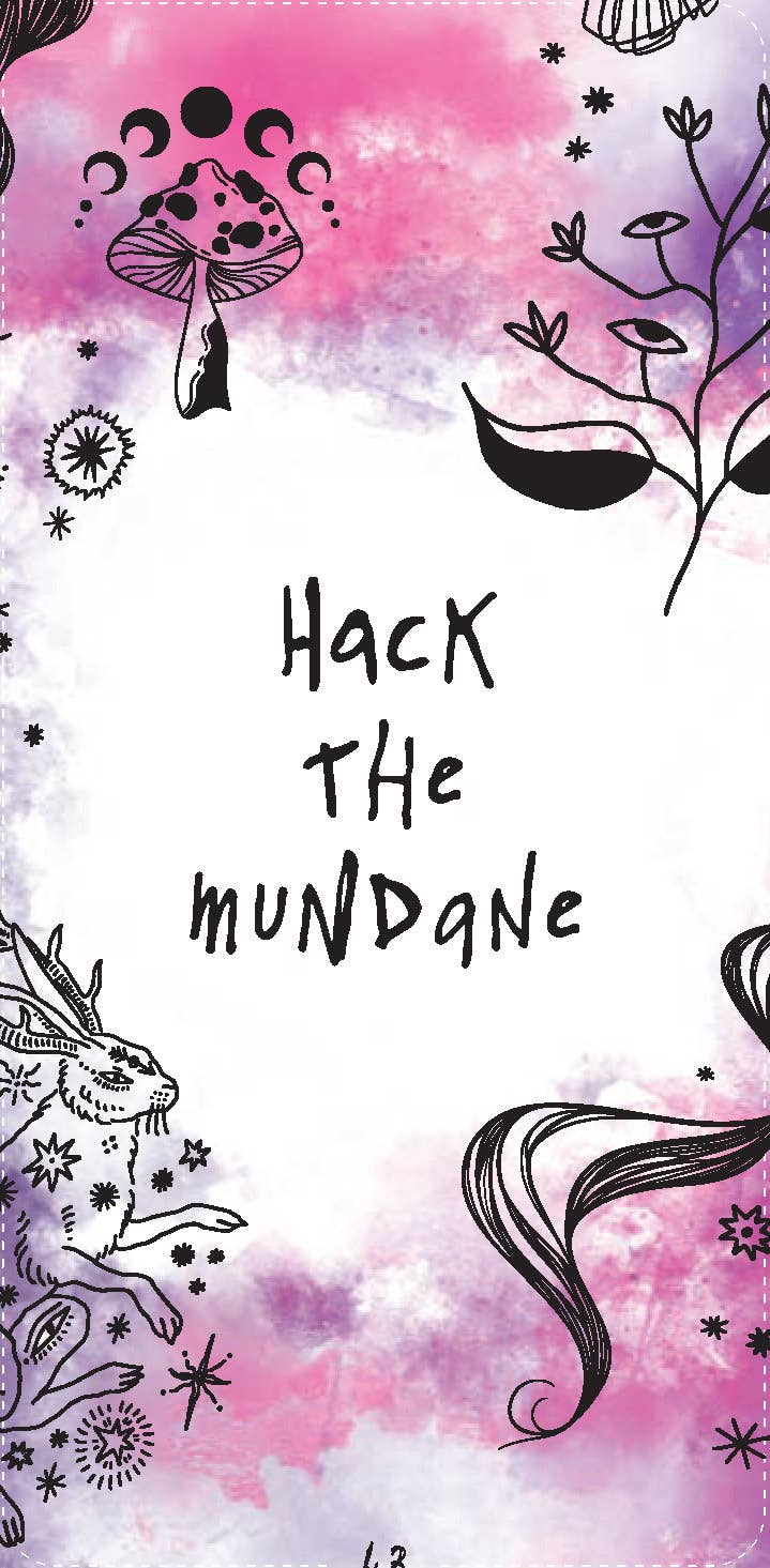 Artistic design with abstract elements and text 'Hack The Mundane' on a pink and purple gradient background.