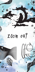 Fantasy design with silhouettes of a mermaid, whale, and moon against a blue sky with stars.