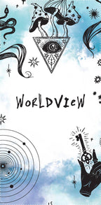 Decorative design with mystical symbols and the word 'WORLDVIEW' on a blue watercolor background.