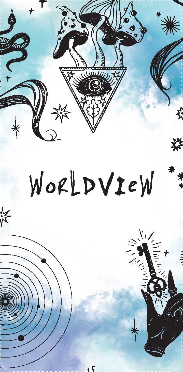 Decorative design with mystical symbols and the word 'WORLDVIEW' on a blue watercolor background.