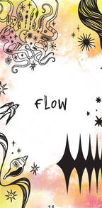 Decorative design with abstract shapes and the word 'FLOW' on a colorful background.