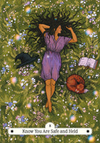 Illustration of a woman in a purple dress lying in a garden with a cat and fox, surrounded by flowers and foliage.