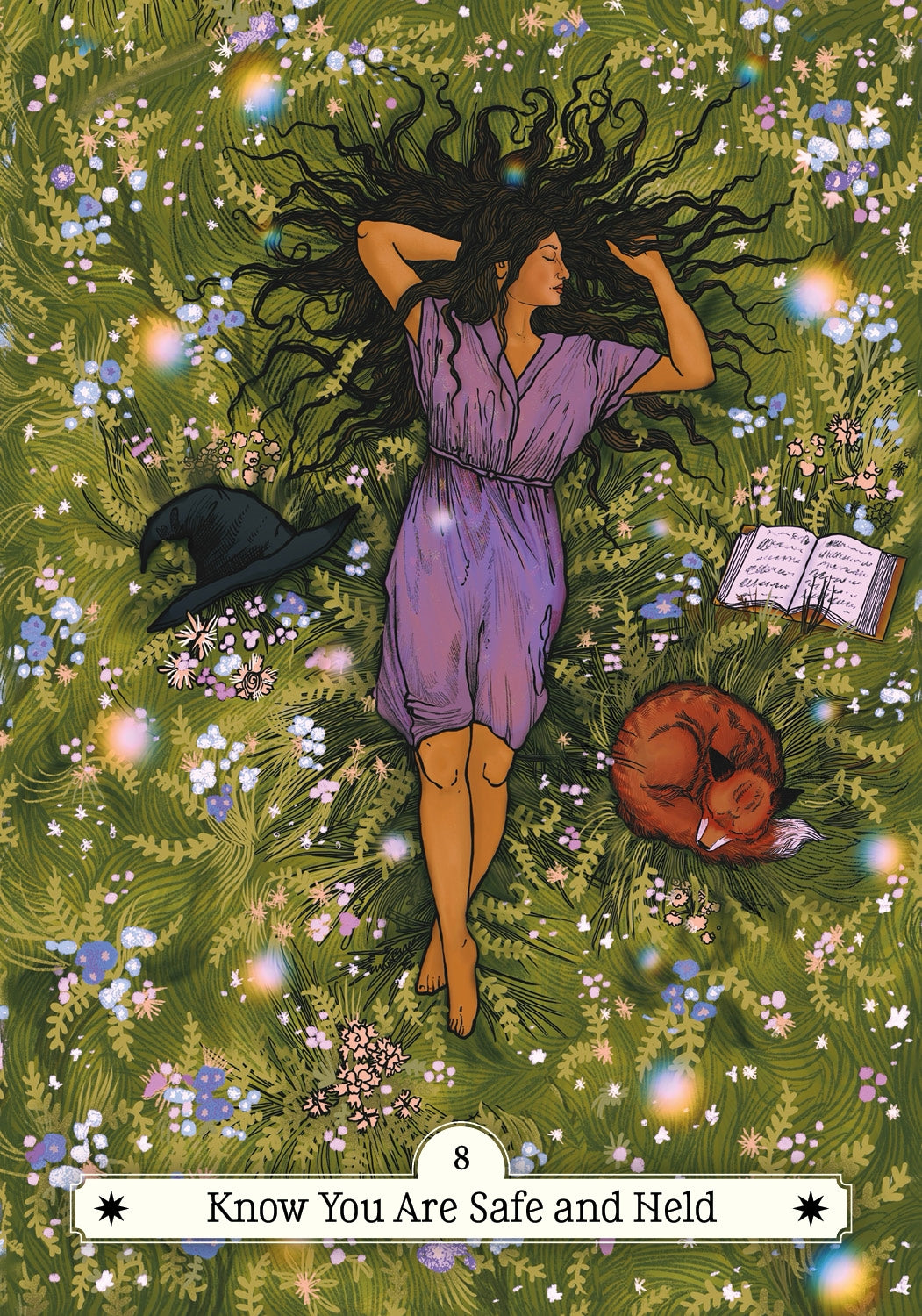 Illustration of a woman in a purple dress lying in a garden with a cat and fox, surrounded by flowers and foliage.