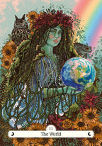 Card titled 'The World' featuring a figure with nature elements and a rainbow.