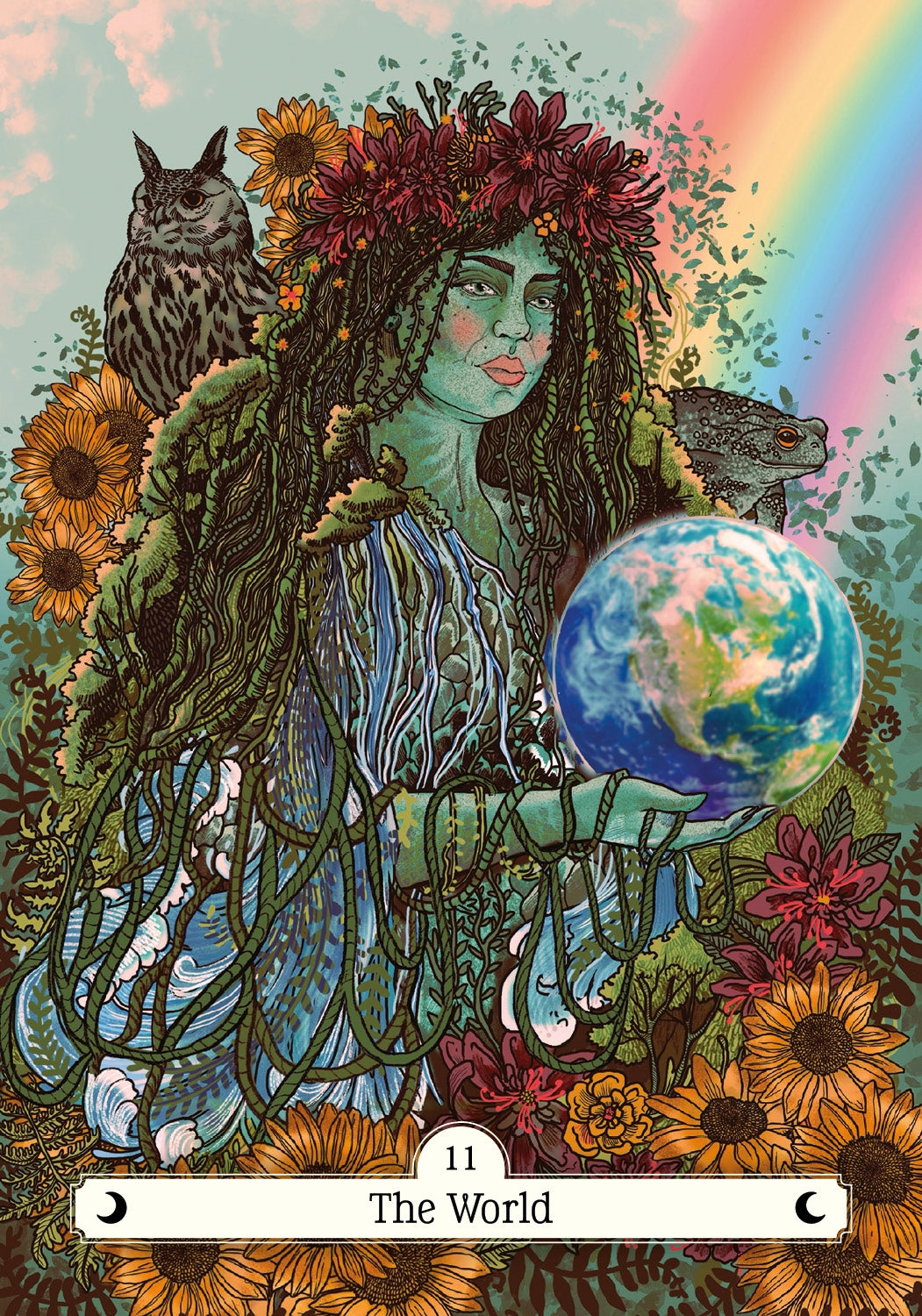 Card titled 'The World' featuring a figure with nature elements and a rainbow.