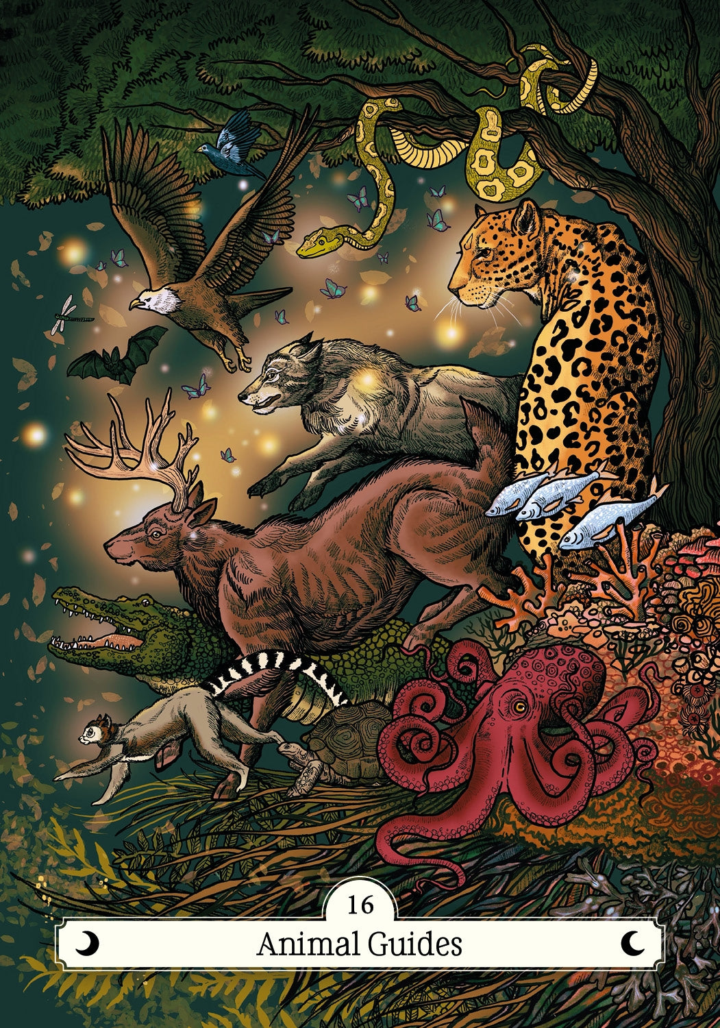 Illustration of various animals in a mystical forest setting with a tarot card design.