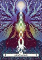 Card with a silhouette of a person meditating, energy pathways, and a candle, against a tree-like background.