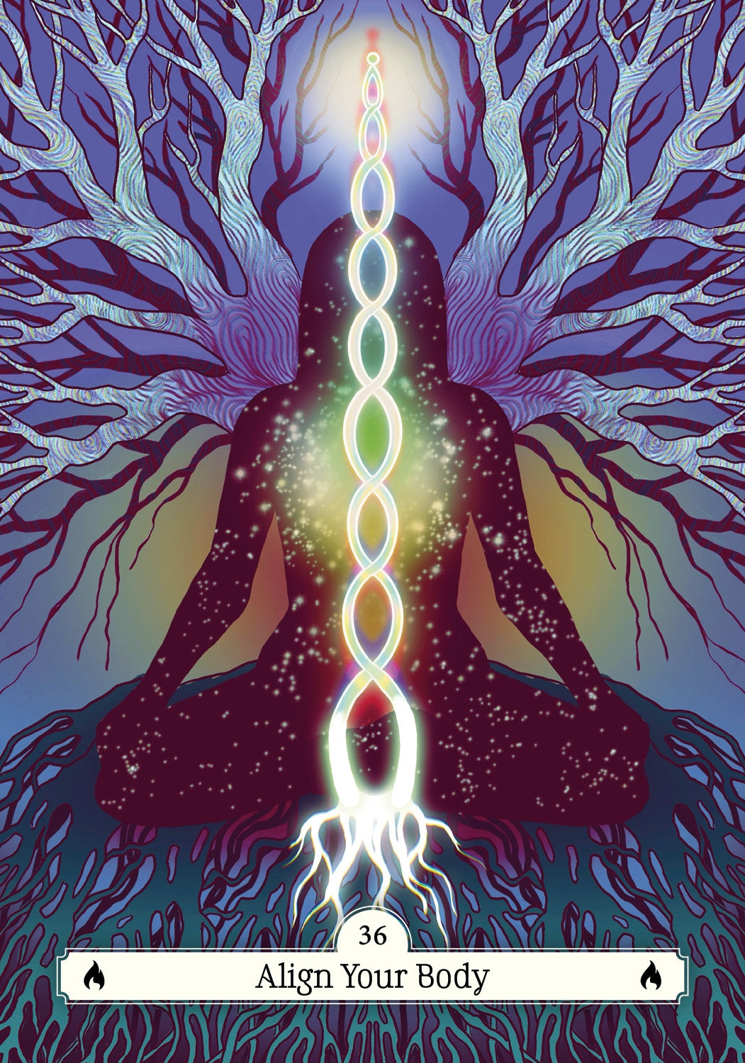 Card with a silhouette of a person meditating, energy pathways, and a candle, against a tree-like background.