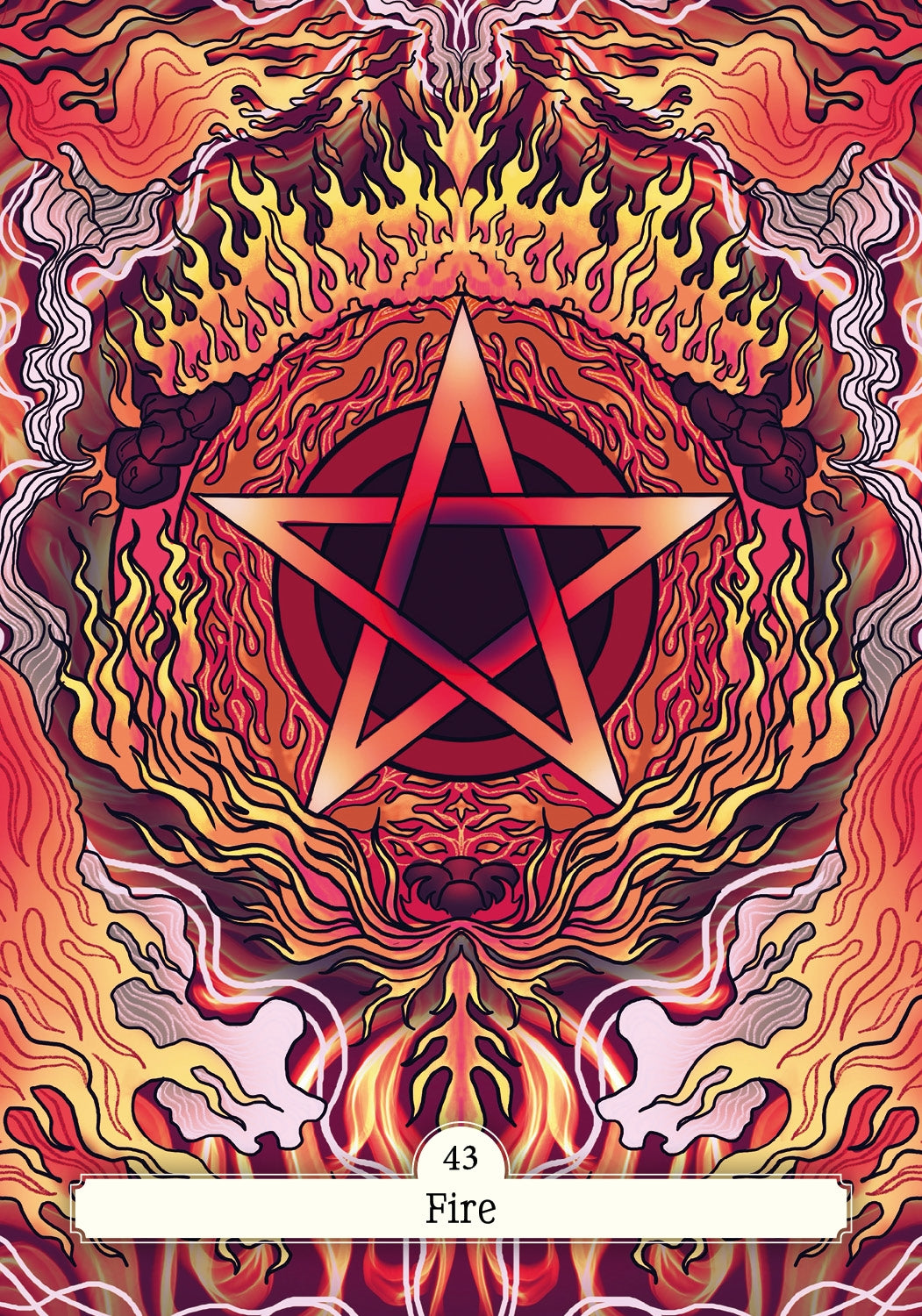 Colorful tarot card with a pentagram and flames, labeled 'Fire'.
