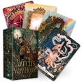 Oracle cards with colorful designs and a book titled 'The Witch's Way Home' on a white background