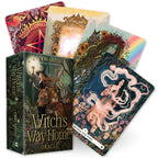 Oracle cards with colorful designs and a book titled 'The Witch's Way Home' on a white background