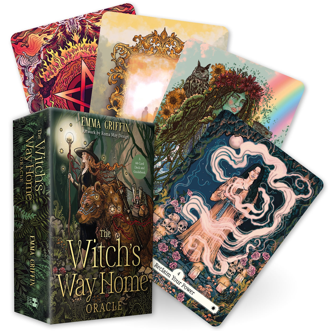 Oracle cards with colorful designs and a book titled 'The Witch's Way Home' on a white background