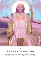 Figure in a pink robe sitting on a throne with 'Transformation' text below.