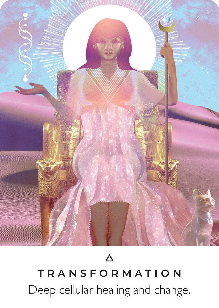 Figure in a pink robe sitting on a throne with 'Transformation' text below.