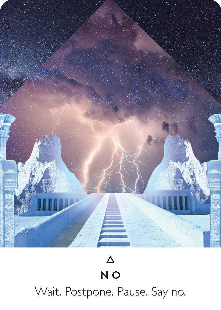 Stylized image of a pyramid with lightning and ancient temple-like structures, featuring the text 'No' and 'Wait. Postpone.
