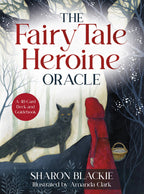 Book cover of 'The Fairy Tale Heroine Oracle' with a fox and a woman in a red dress in a forest setting.