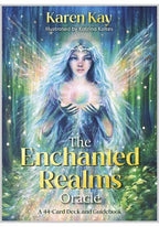 Front cover of 'The Enchanted Realms Oracle' card deck and guidebook by Karen Kay, illustrated by Katrina Koltes, featuring a glowing fairy-like figure in a green and blue forest with large gold title text.
