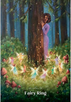 A fantasy forest artwork showing a woman leaning against a tree in a glowing woodland, with small fairies around her and the text 'Fairy Ring' at the bottom.
