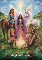 A fantasy illustration titled 'Magical Meeting' shows a glowing woman in a purple gown standing in a meadow with a white unicorn, a woman on a brown horse, a small gnome, and a forest-like figure. The scene is colorful and dreamy, with a bright light at the top center.