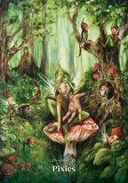 A whimsical forest painting featuring pixie characters among trees, mushrooms, and foliage, with the word 'Pixies' at the bottom.
