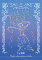 Design of a woman with energy around her on a blue background with floral elements.