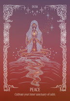 Illustration of a person in a meditative pose with 'Peace' and 'Dusk' text on a gradient background.