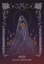 Artistic depiction of a figure labeled 'Death' with celestial elements on a dark background.
